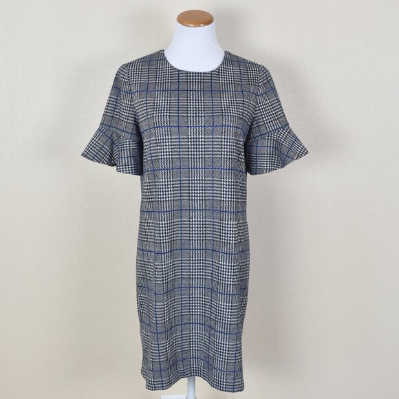 Calvin Klein Houndstooth Plaid Ruffle Sleeve Shift Dress - 8 - Picture 1 of 9